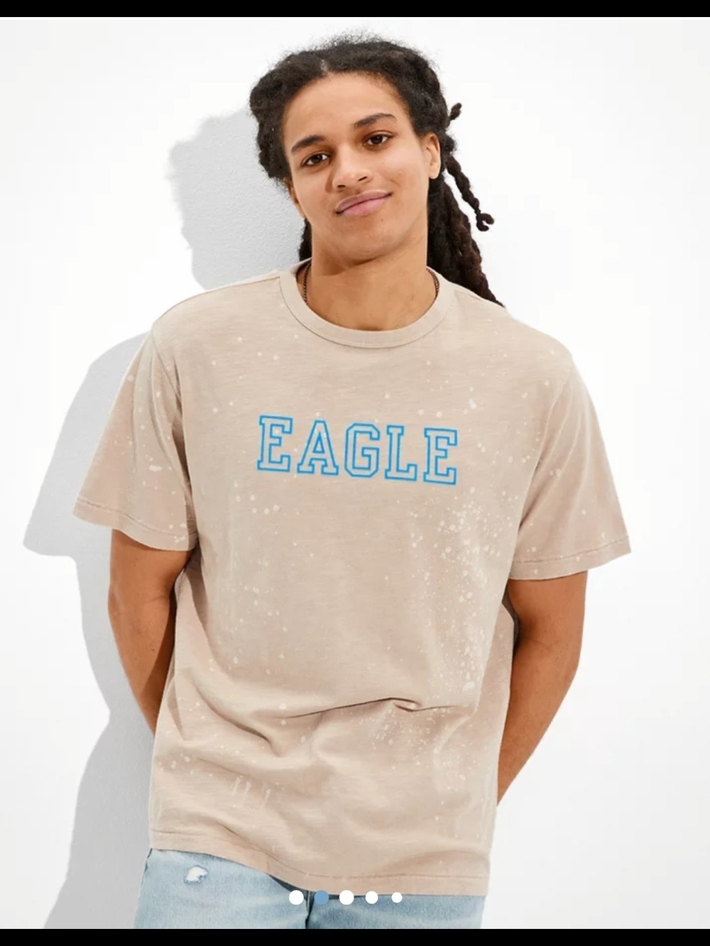 American Eagle Outfitters Beige Short-Sleeve Tee with Blue EAGLE Graphic Size L